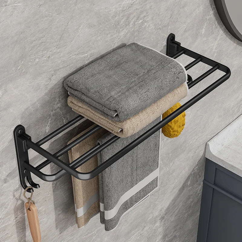 Black Wall-Mounted Folding Towel Rack for Bathroom - Powder-Coated Steel, view 4