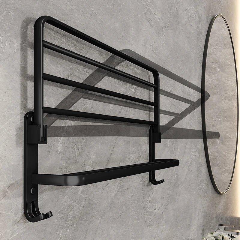 Black Wall-Mounted Folding Towel Rack for Bathroom - Powder-Coated Steel