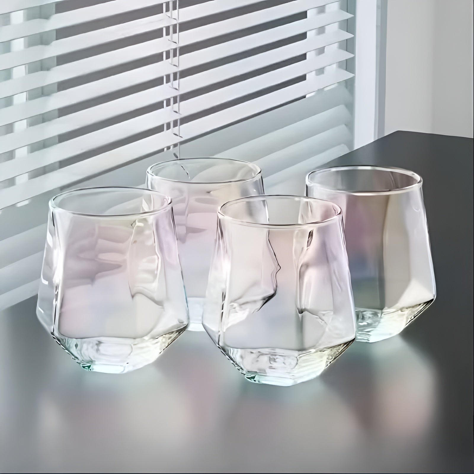 Glass Cup Set of 4 - Transparent Geometric Design, 300 ml Capacity, view 10
