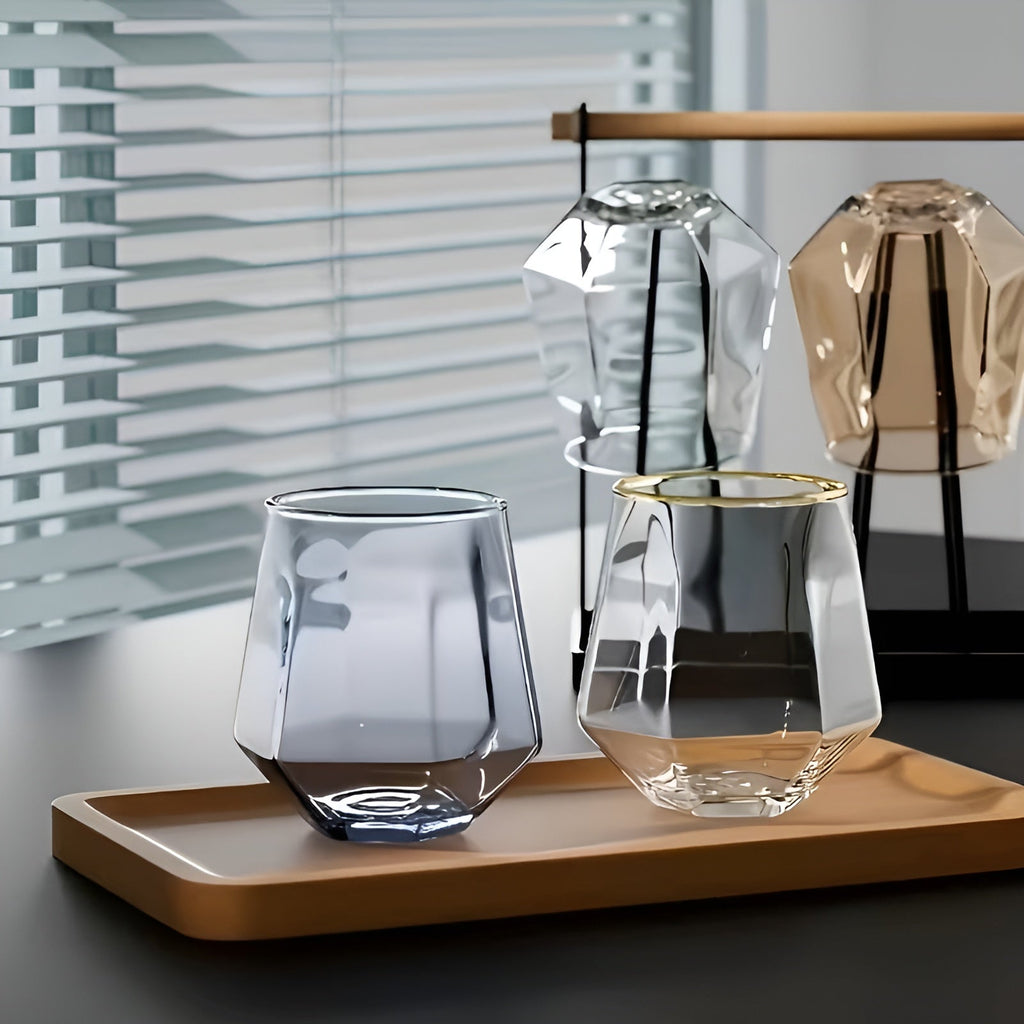 Glass Cup Set of 4 - Transparent Geometric Design, 300 ml Capacity, view 4