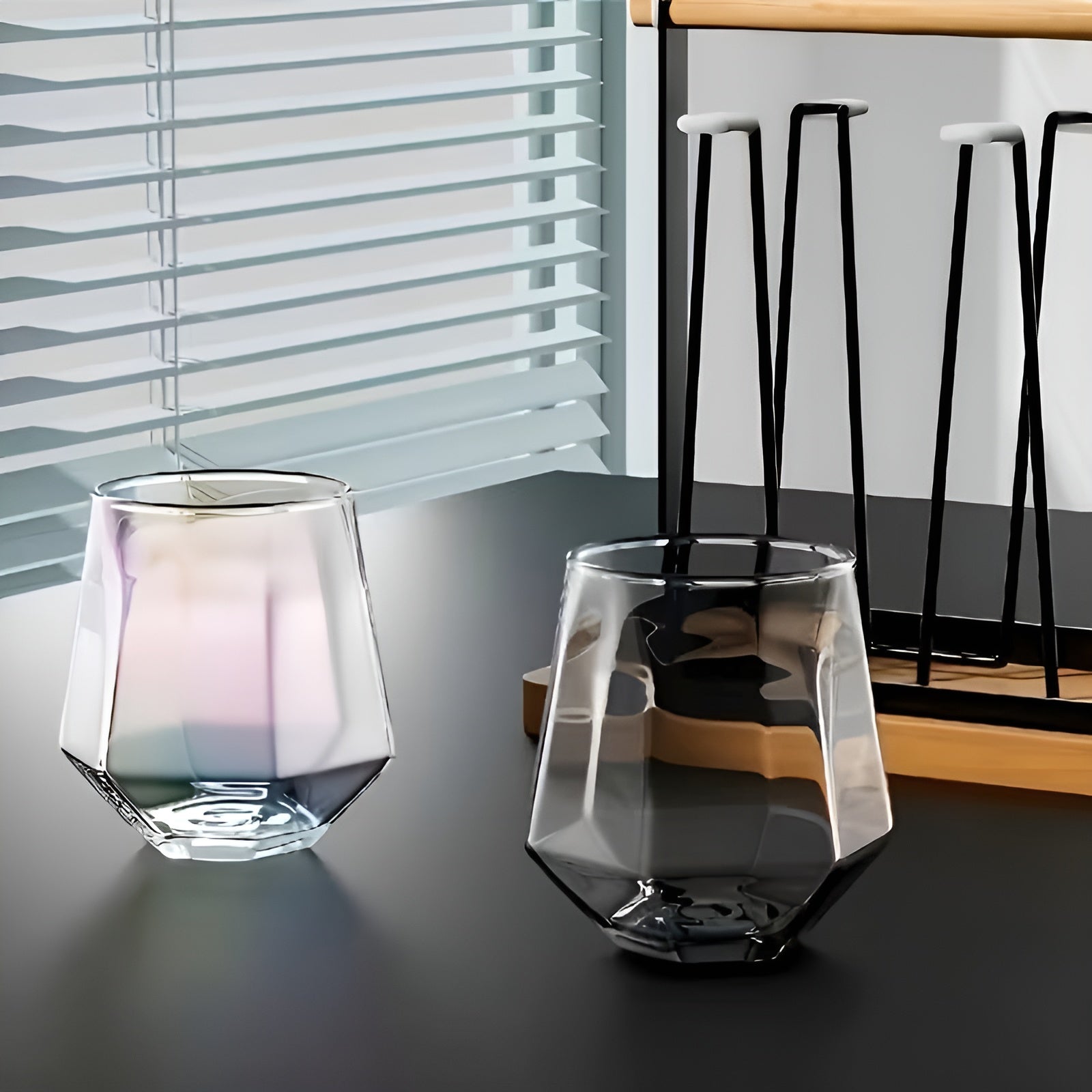 Glass Cup Set of 4 - Transparent Geometric Design, 300 ml Capacity, view 6