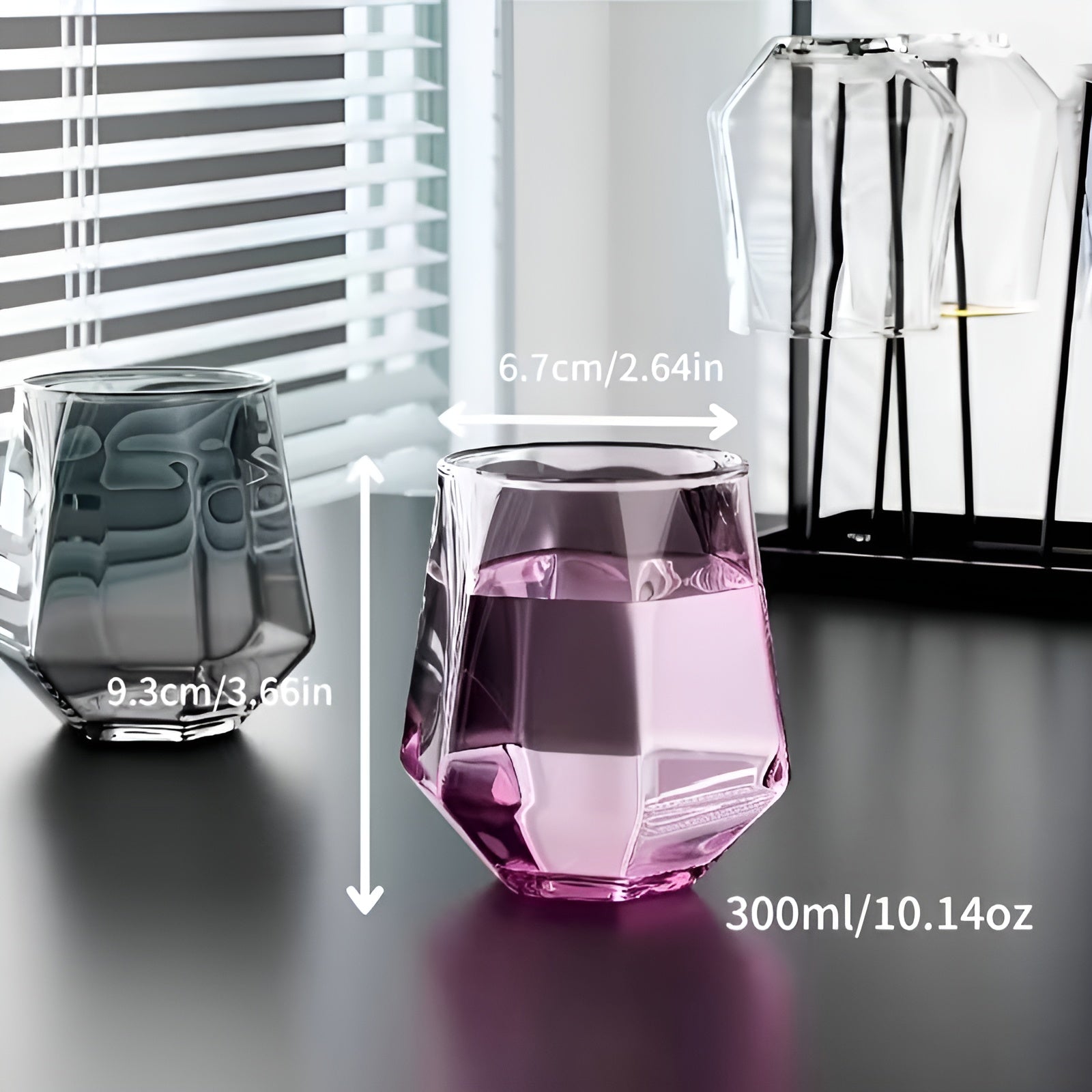 Glass Cup Set of 4 - Transparent Geometric Design, 300 ml Capacity, view 7