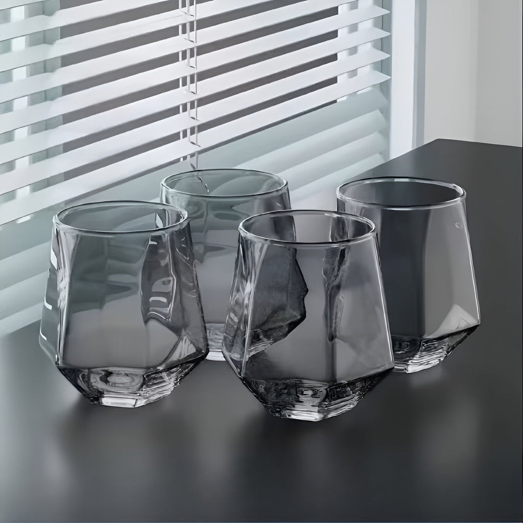 Glass Cup Set of 4 - Transparent Geometric Design, 300 ml Capacity, view 8