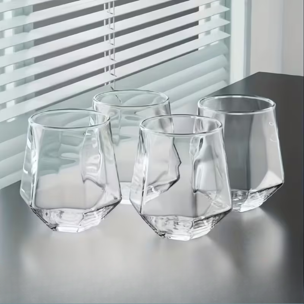 Glass Cup Set of 4 - Transparent Geometric Design, 300 ml Capacity