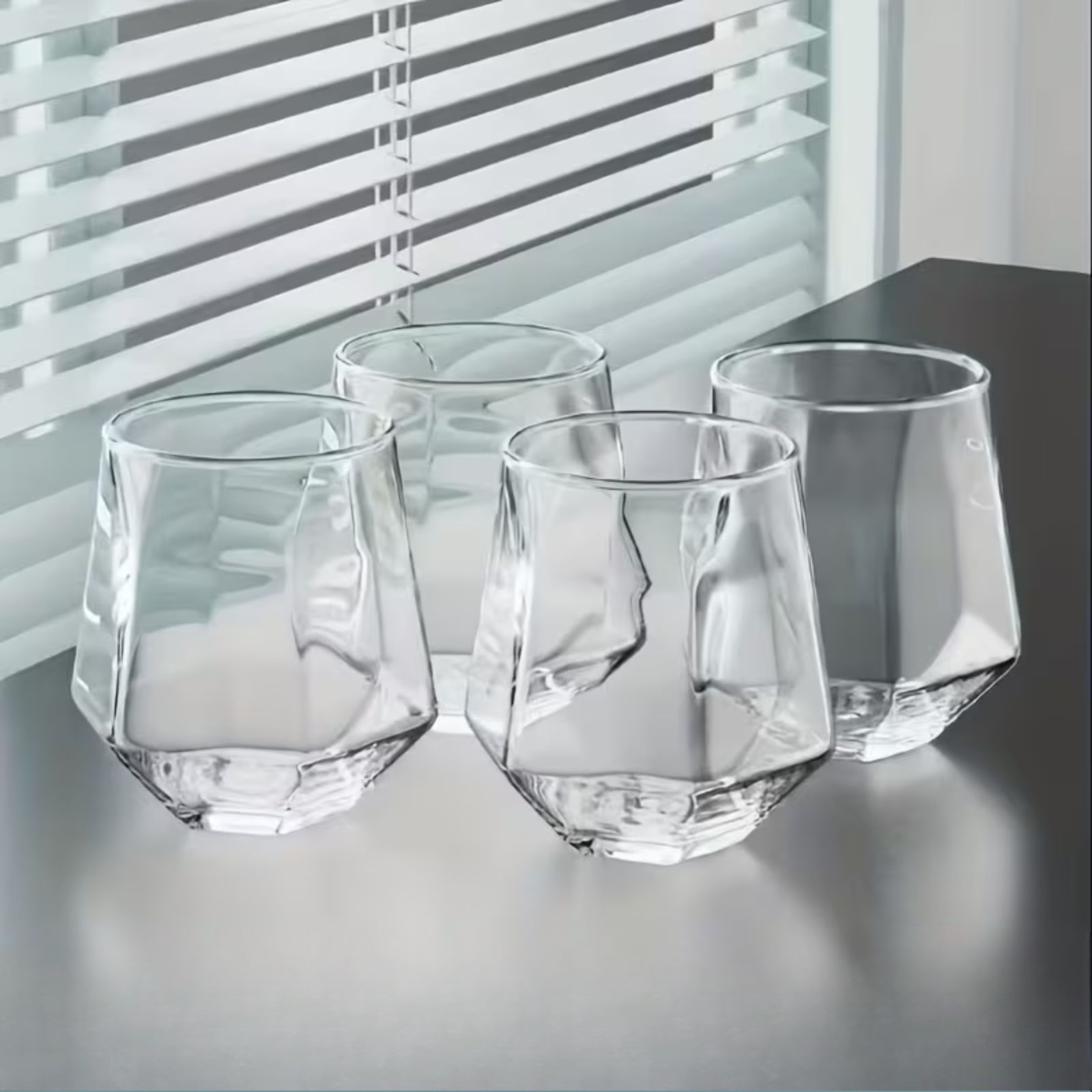 Glass Cup Set of 4 - Transparent Geometric Design, 300 ml Capacity