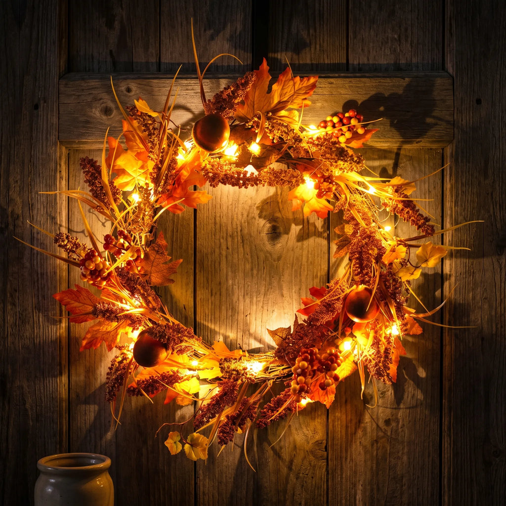 Illuminated Autumn Wreath with Berries and Fall Leaves 50cm