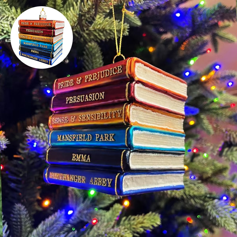 Jane Austen Blown Glass Book Stack Christmas Tree Ornament