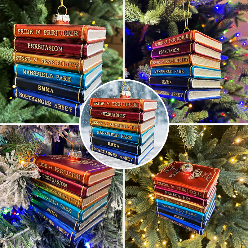Jane Austen Blown Glass Book Stack Christmas Tree Ornament