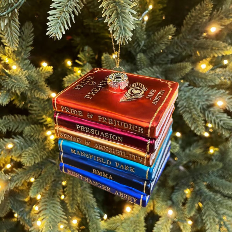 Jane Austen Blown Glass Book Stack Christmas Tree Ornament