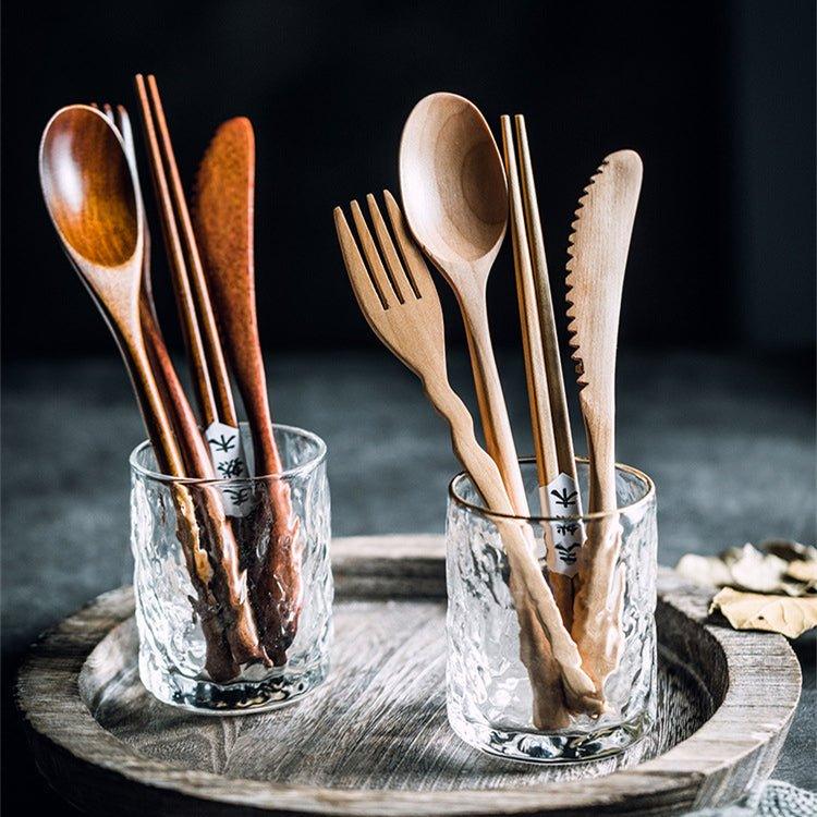 Japanese-Style Natural Wood Utensil Set with Fabric Case