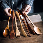 Japanese-Style Natural Wood Utensil Set with Fabric Case