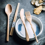 Japanese-Style Natural Wood Utensil Set with Fabric Case