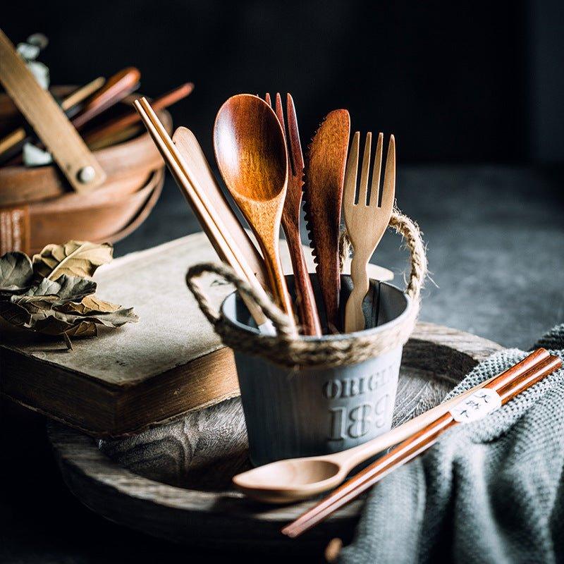 Japanese-Style Natural Wood Utensil Set with Fabric Case