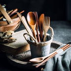 Japanese-Style Natural Wood Utensil Set with Fabric Case