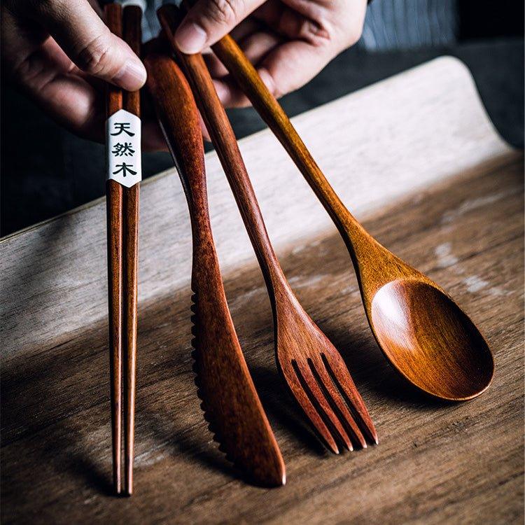 Japanese-Style Natural Wood Utensil Set with Fabric Case