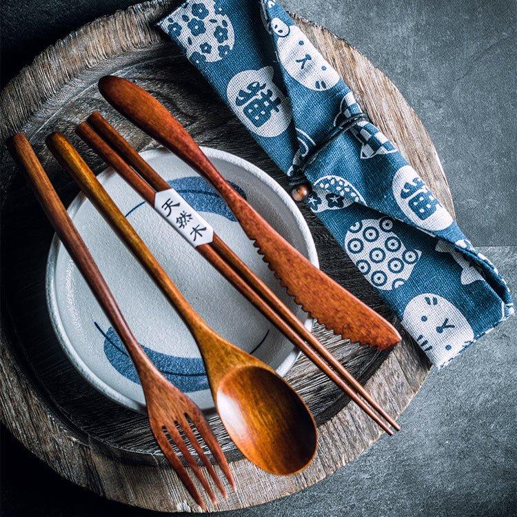 Japanese-Style Natural Wood Utensil Set with Fabric Case
