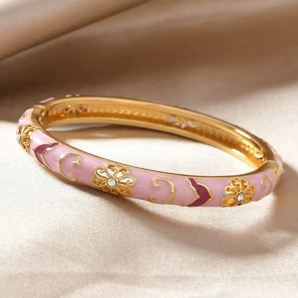 4pc Floral Accented Bangle Stack for Women - Gold Tone, Hinged, 6 cm, view 2