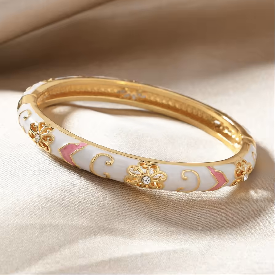 4pc Floral Accented Bangle Stack for Women - Gold Tone, Hinged, 6 cm, view 5