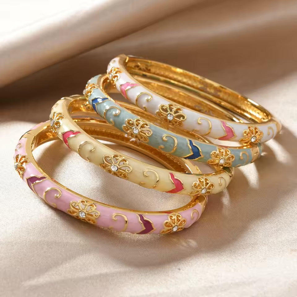 4pc Floral Accented Bangle Stack for Women - Gold Tone, Hinged, 6 cm
