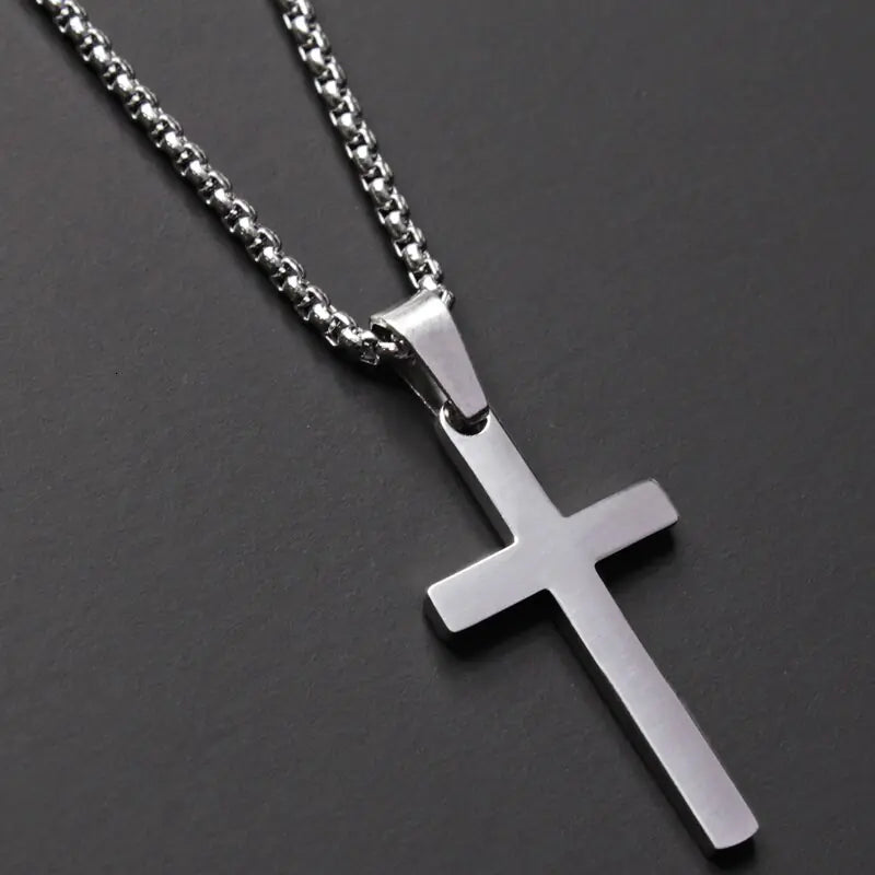 Classic Cross Men's Necklace - Stainless Steel, Faith Symbol Pendant, view 3