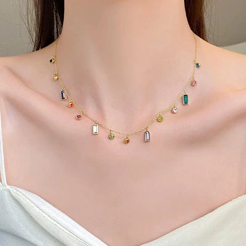 Dainty Crystals Choker Necklace for Women - Stainless Steel, Adjustable 41cm