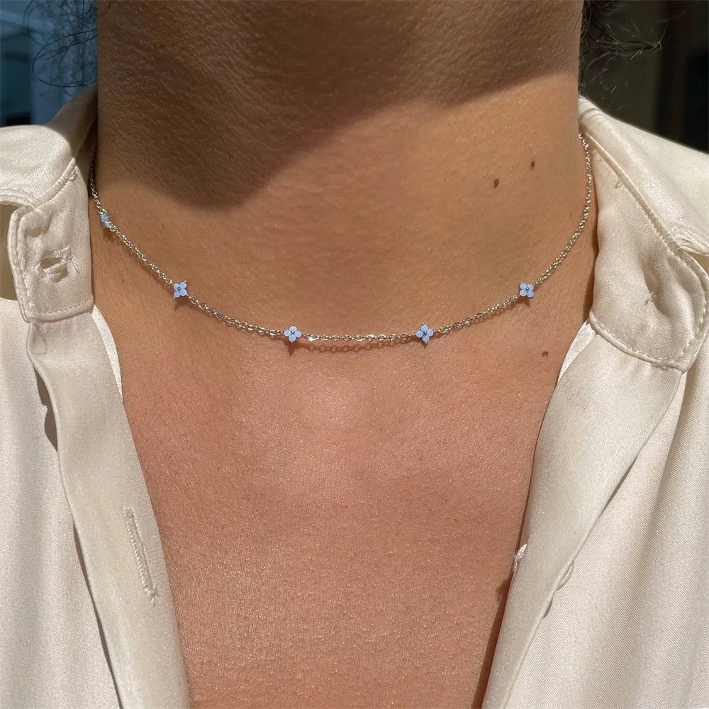 Dainty Tiny Flowers Necklace - Blue Blossom, Lightweight, Everyday Wear, view 5