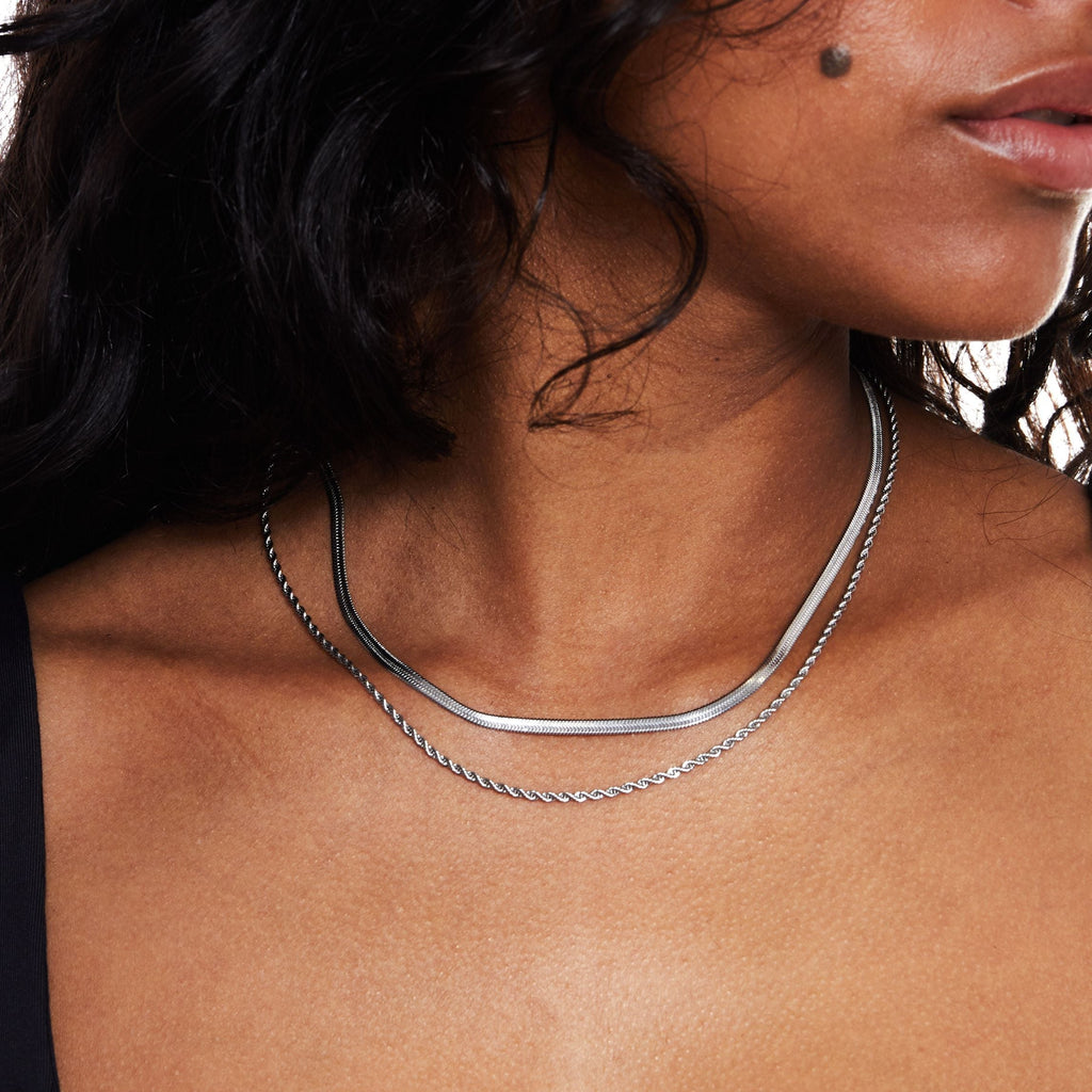 Women's Layered Necklace - Gold Herringbone Choker & Rope Chain, 18k Gold PVD, view 11