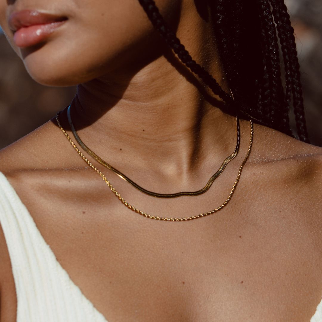 Women's Layered Necklace - Gold Herringbone Choker & Rope Chain, 18k Gold PVD, view 3