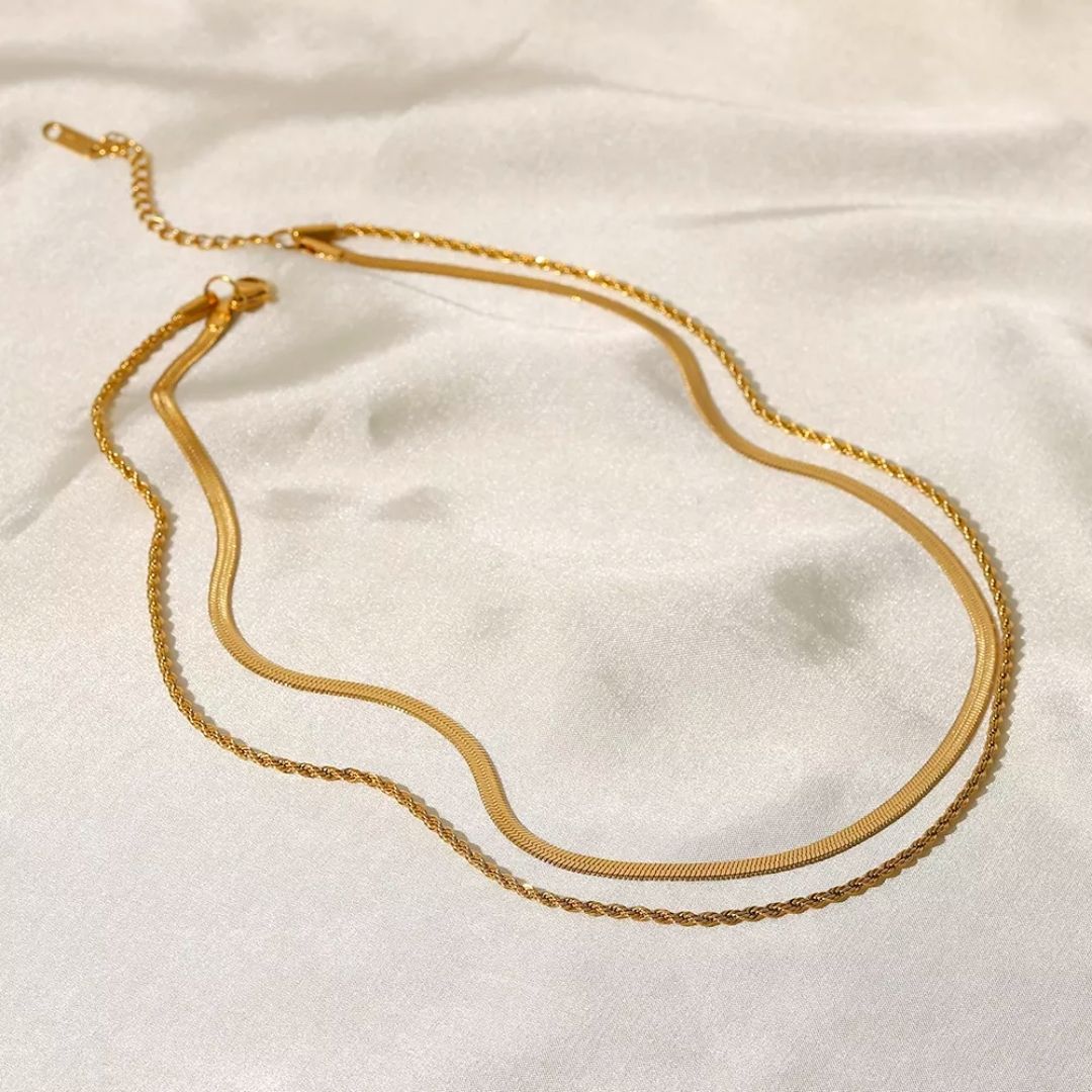 Women's Layered Necklace - Gold Herringbone Choker & Rope Chain, 18k Gold PVD, view 5