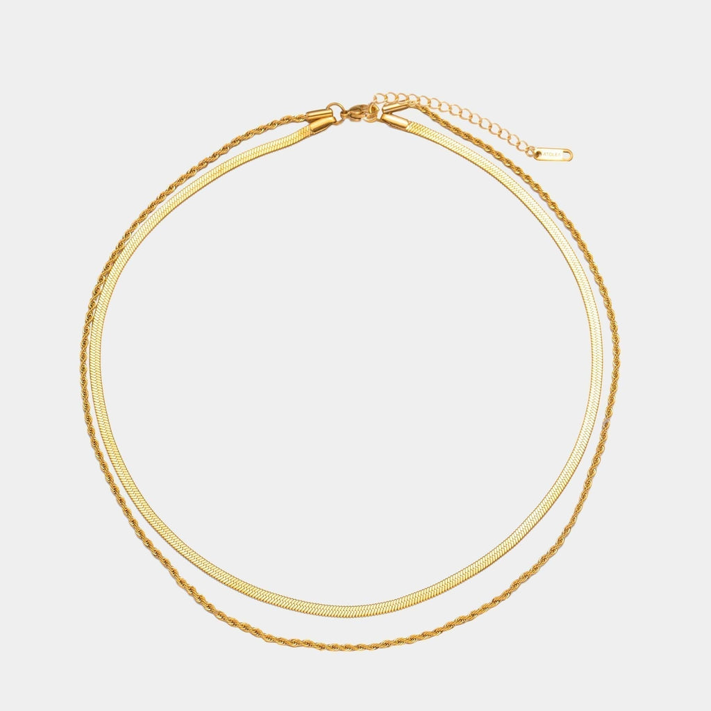 Women's Layered Necklace - Gold Herringbone Choker & Rope Chain, 18k Gold PVD, view 8