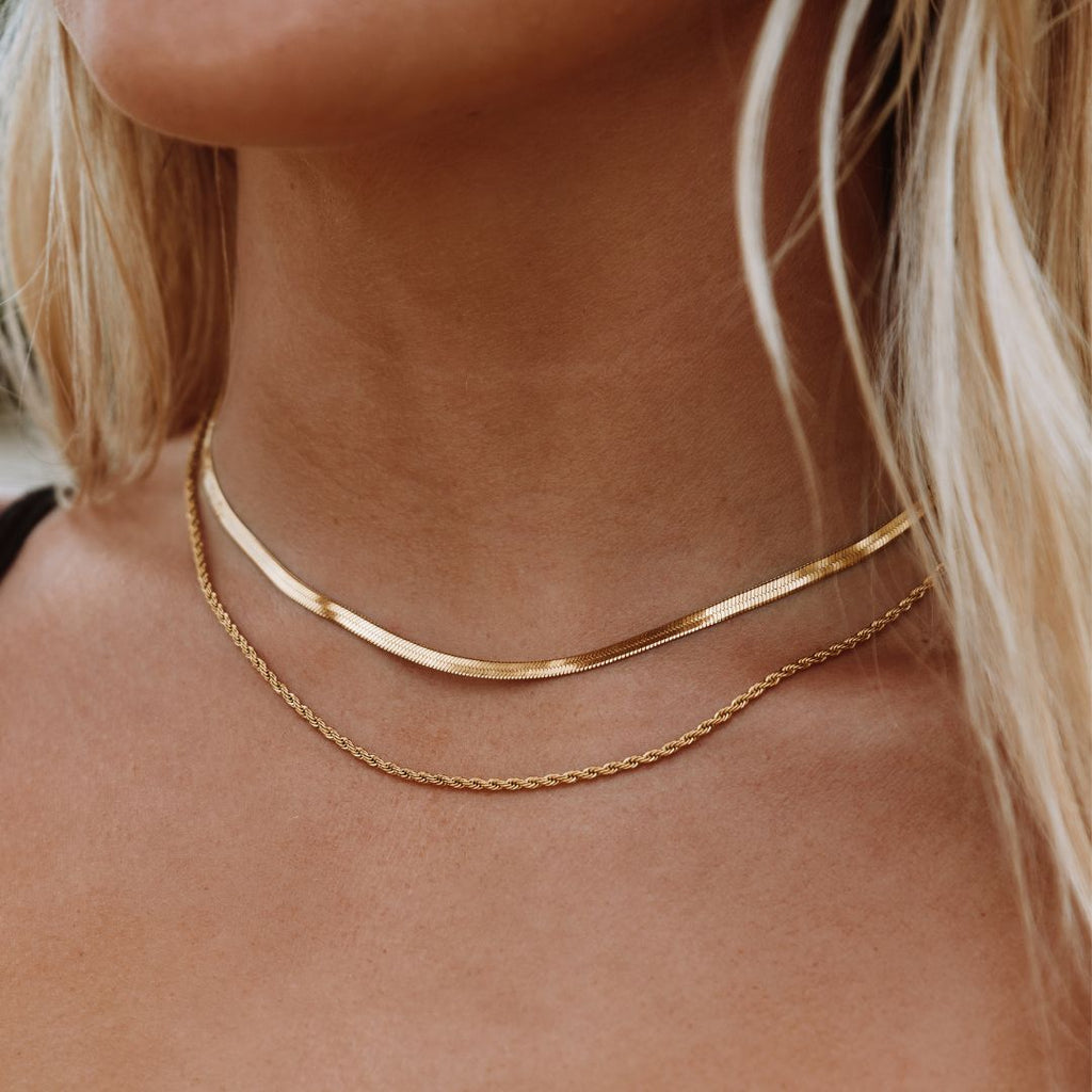 Women's Layered Necklace - Gold Herringbone Choker & Rope Chain, 18k Gold PVD