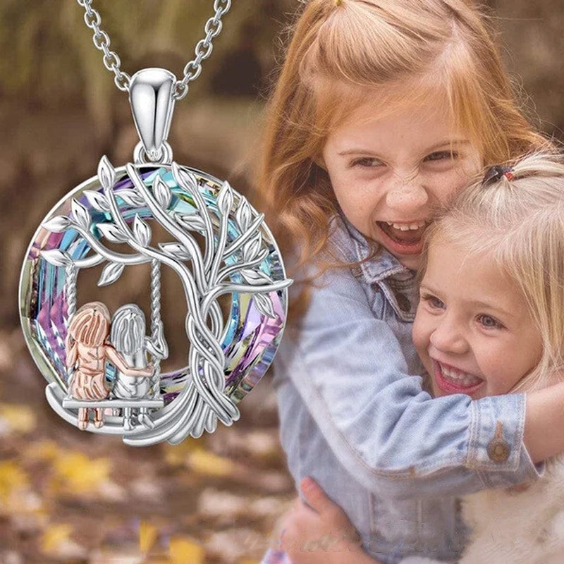 Tree of Life Sister on the Swing Pendant Necklace - Silver Metal, view 3