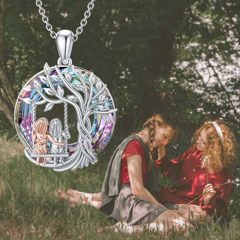 Tree of Life Sister on the Swing Pendant Necklace - Silver Metal, view 6