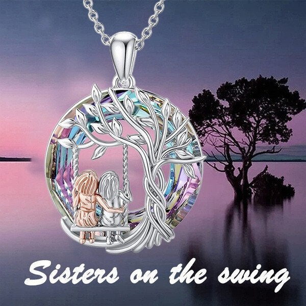 Tree of Life Sister on the Swing Pendant Necklace - Silver Metal