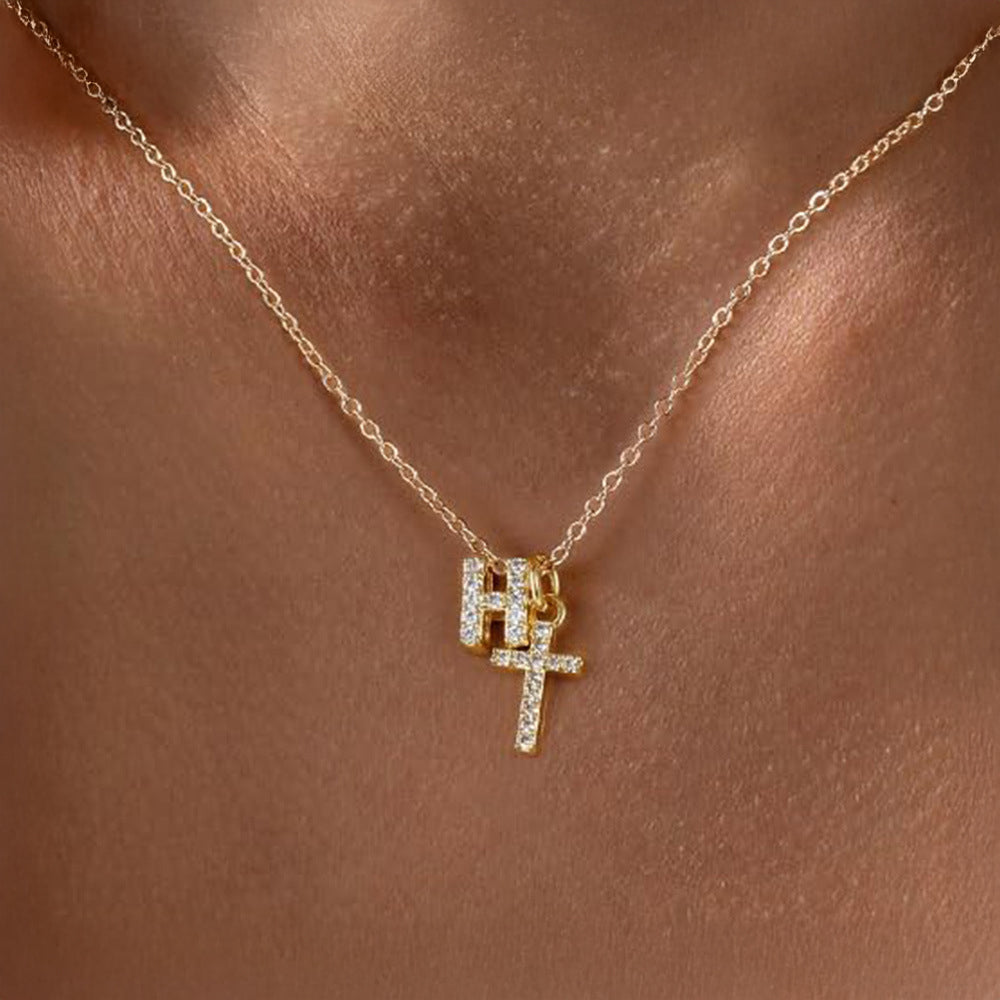 Dainty Diamond Initial and Cross Necklace - Adjustable 45 cm Chain, view 11