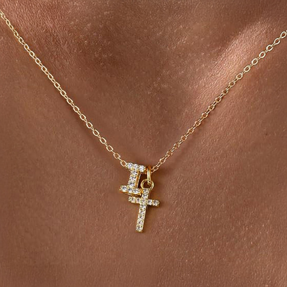 Dainty Diamond Initial and Cross Necklace - Adjustable 45 cm Chain, view 12