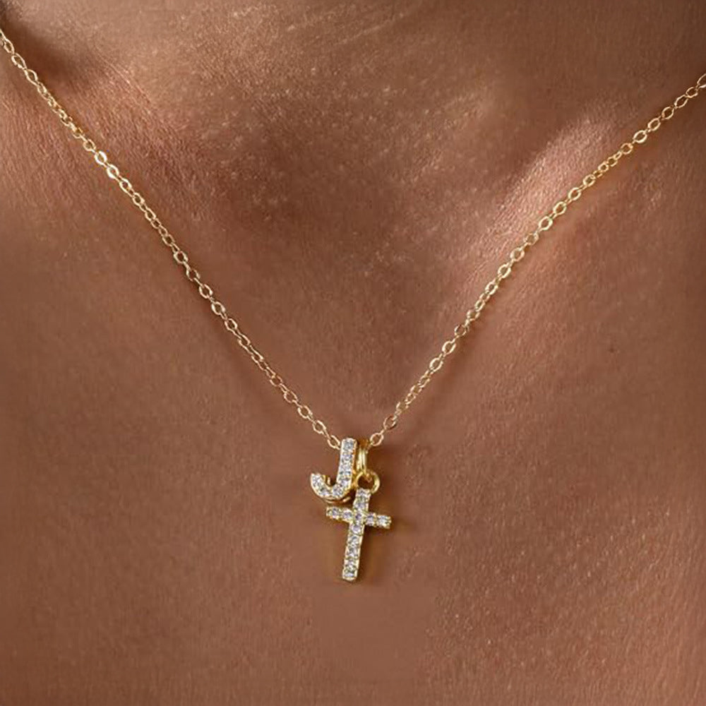 Dainty Diamond Initial and Cross Necklace - Adjustable 45 cm Chain, view 13
