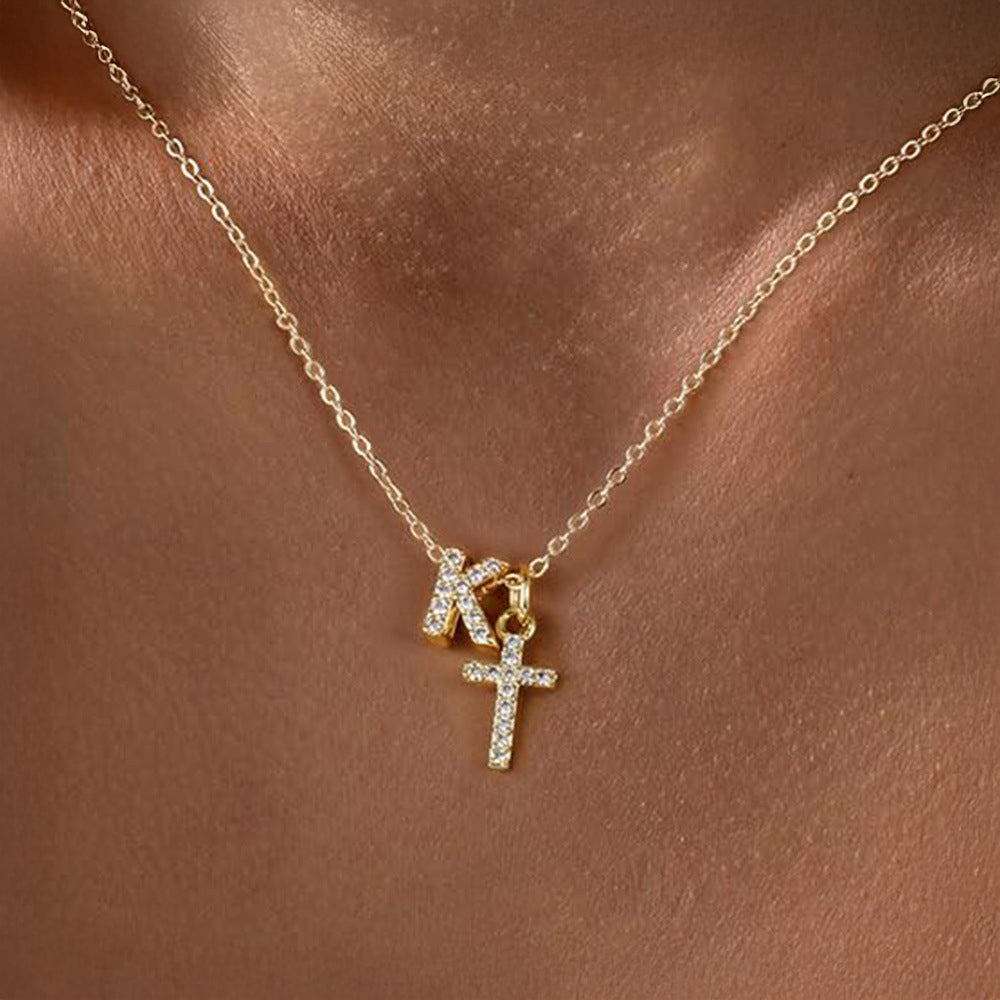 Dainty Diamond Initial and Cross Necklace - Adjustable 45 cm Chain, view 14