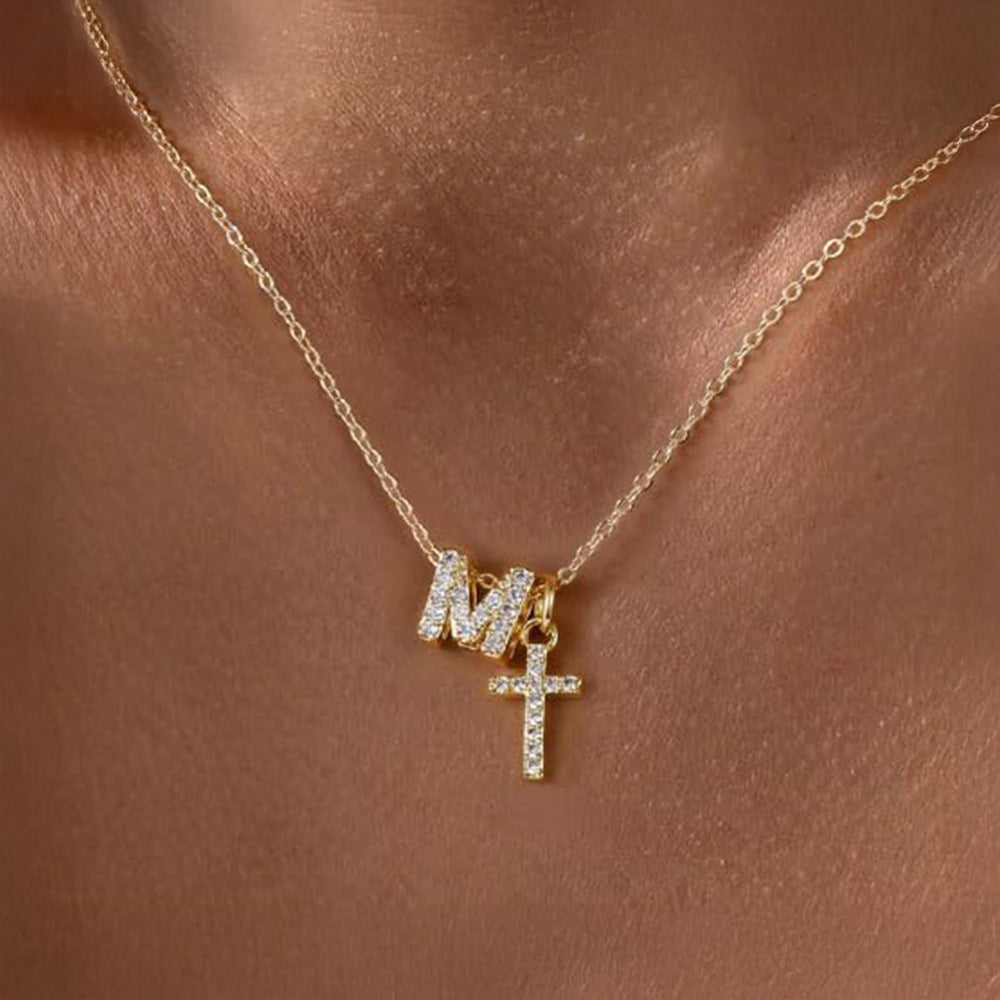 Dainty Diamond Initial and Cross Necklace - Adjustable 45 cm Chain, view 16