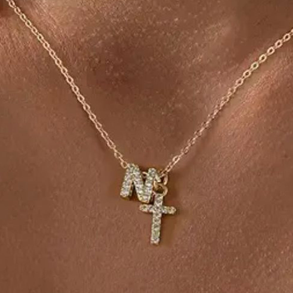 Dainty Diamond Initial and Cross Necklace - Adjustable 45 cm Chain, view 17