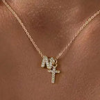 Dainty Diamond Initial and Cross Necklace - Adjustable 45 cm Chain, view 17