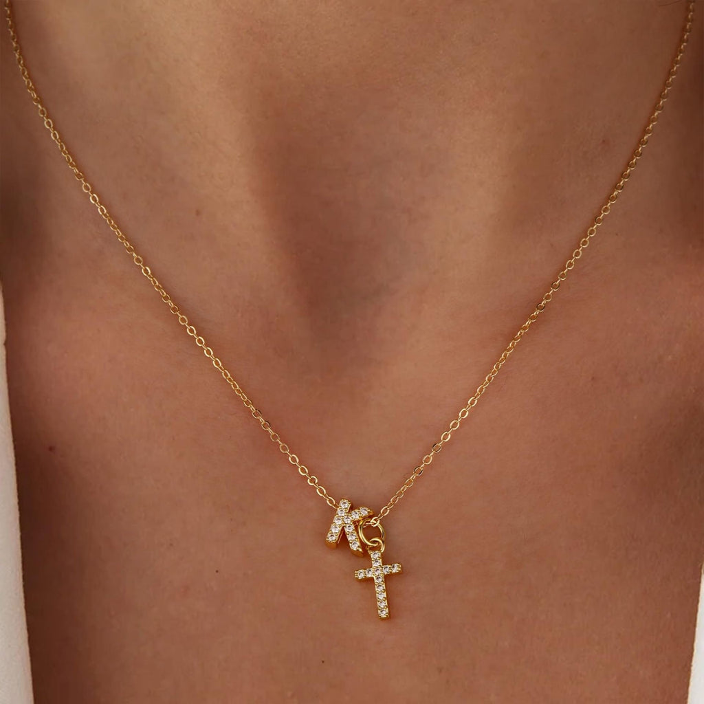 Dainty Diamond Initial and Cross Necklace - Adjustable 45 cm Chain, view 2