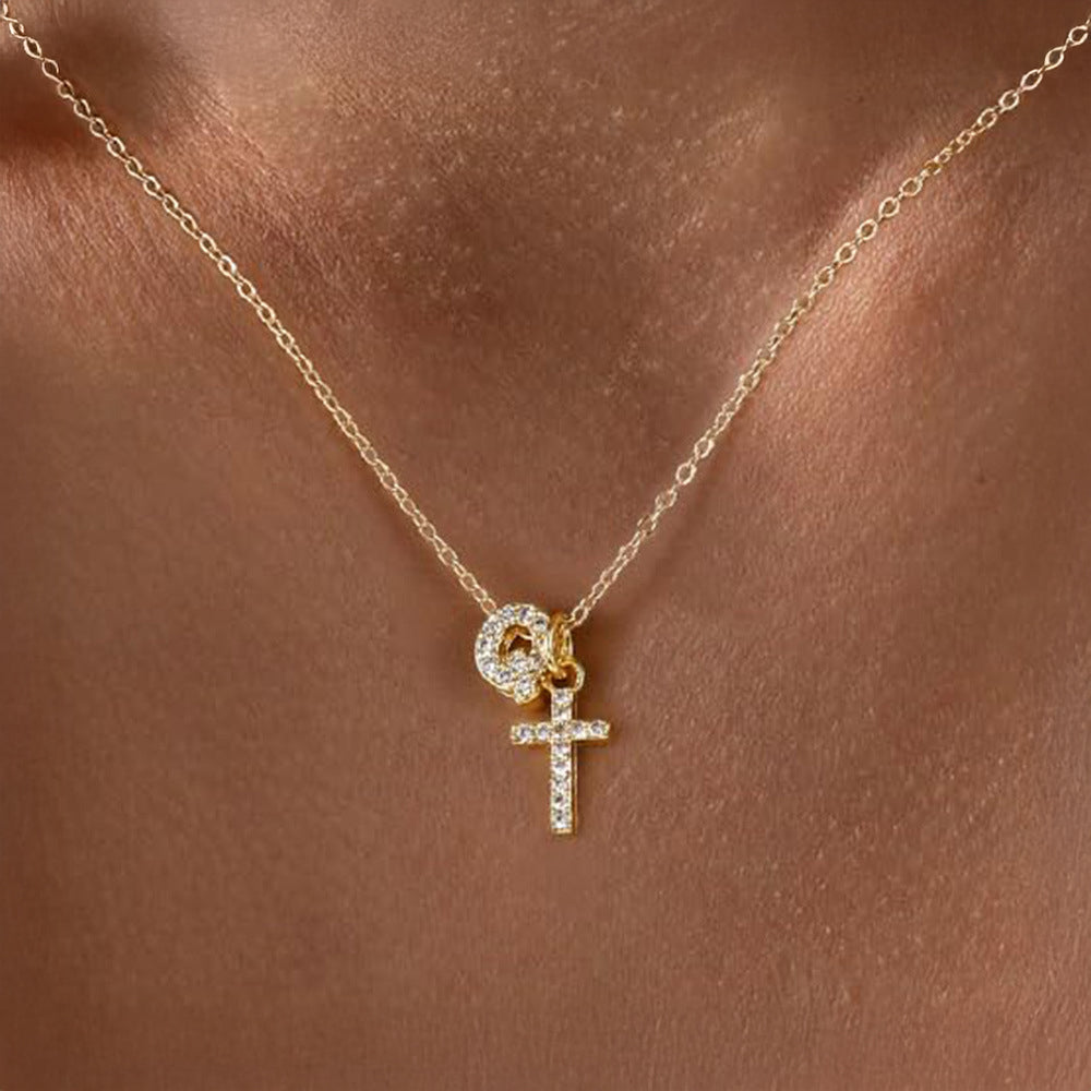Dainty Diamond Initial and Cross Necklace - Adjustable 45 cm Chain, view 20