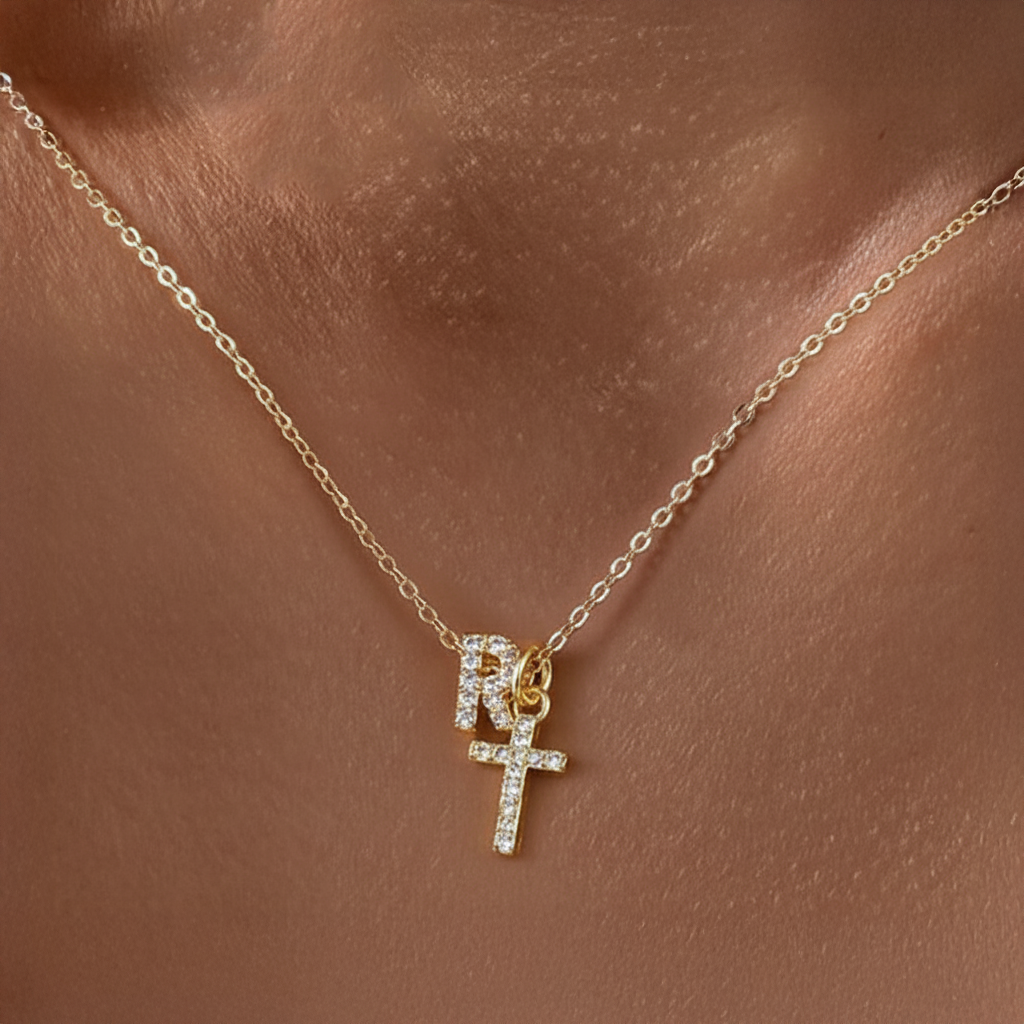 Dainty Diamond Initial and Cross Necklace - Adjustable 45 cm Chain, view 21