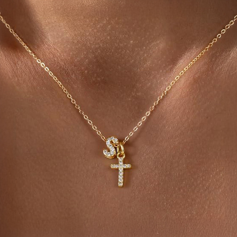 Dainty Diamond Initial and Cross Necklace - Adjustable 45 cm Chain, view 22