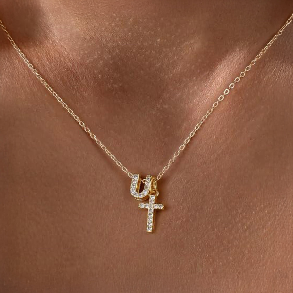 Dainty Diamond Initial and Cross Necklace - Adjustable 45 cm Chain, view 24