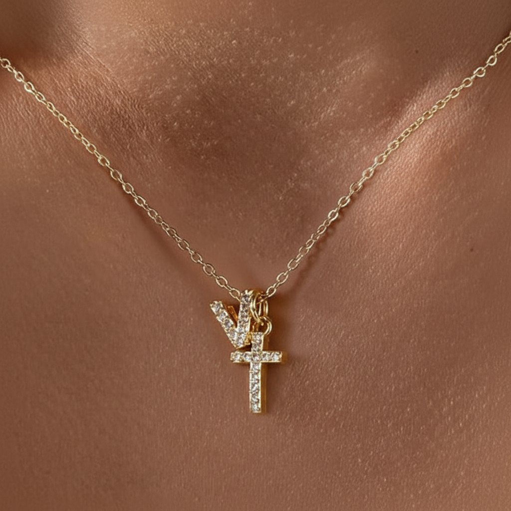 Dainty Diamond Initial and Cross Necklace - Adjustable 45 cm Chain, view 25