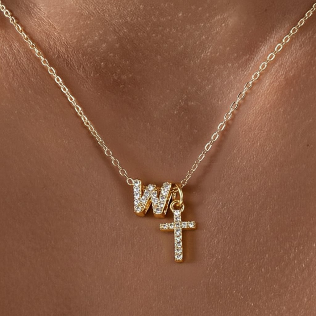 Dainty Diamond Initial and Cross Necklace - Adjustable 45 cm Chain, view 26