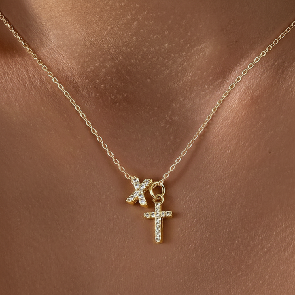 Dainty Diamond Initial and Cross Necklace - Adjustable 45 cm Chain, view 27
