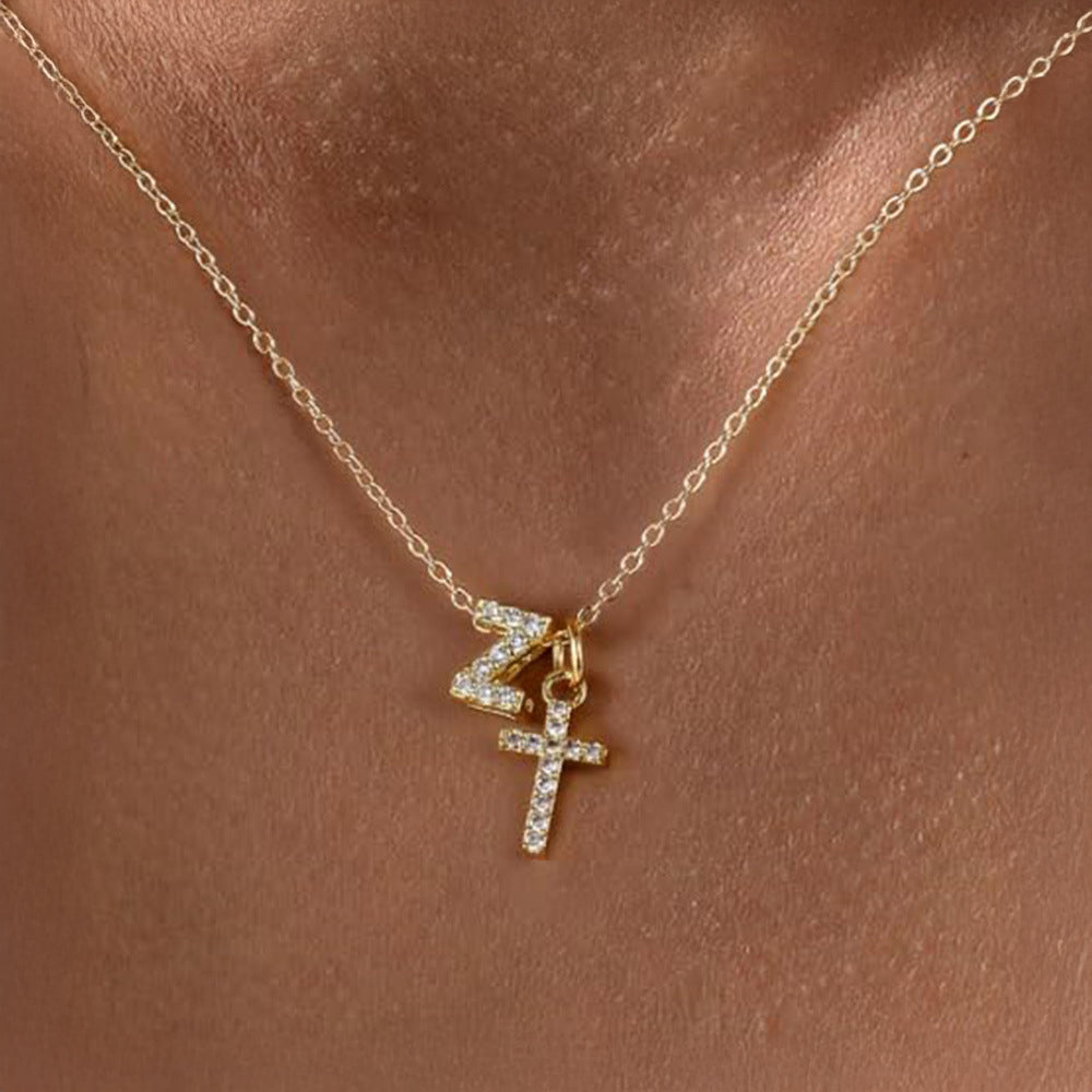 Dainty Diamond Initial and Cross Necklace - Adjustable 45 cm Chain, view 29